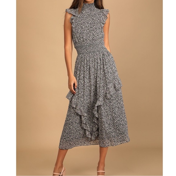 Lulus Dresses & Skirts - NWOT Lulus Evalina Black Floral Print Mock Neck Midi Dress Small